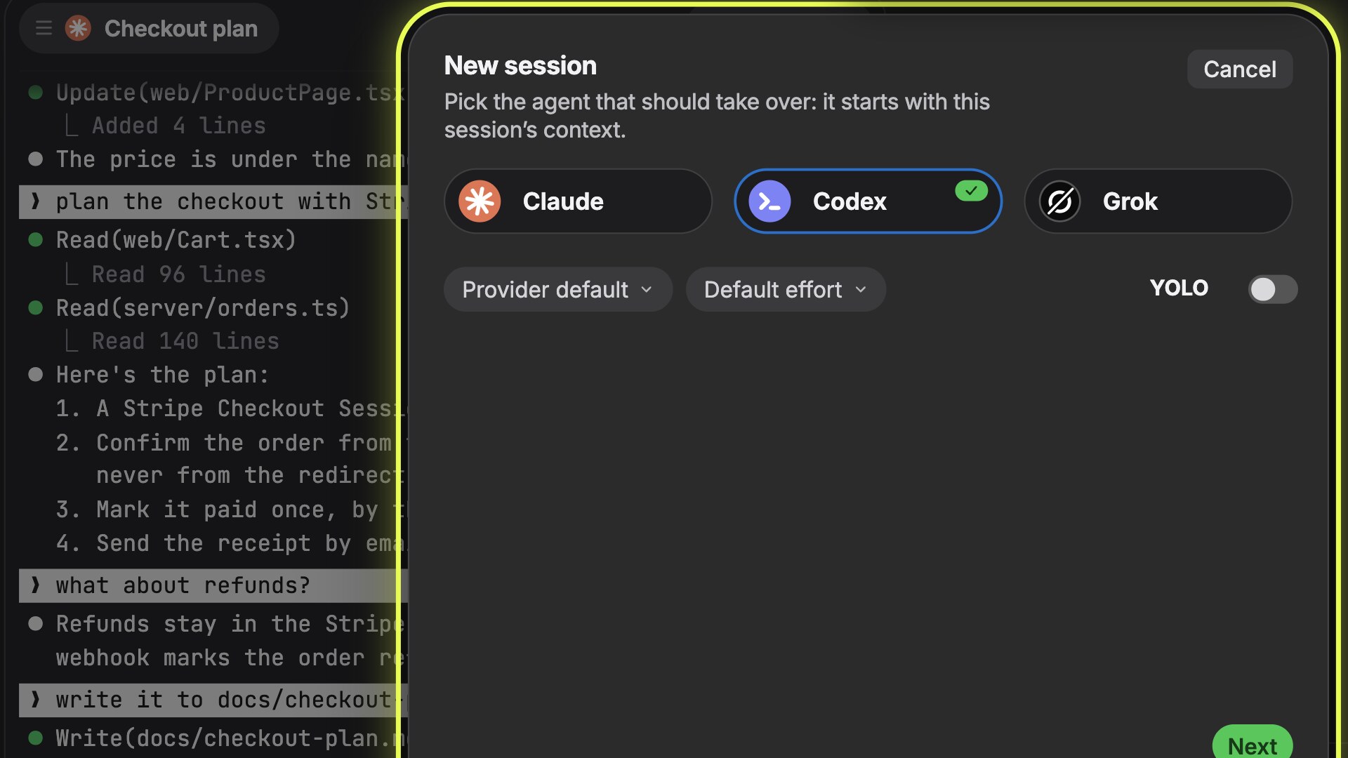 The New session sheet in Offsite: pick Claude, Codex or Grok to take over, starting with the session's context
