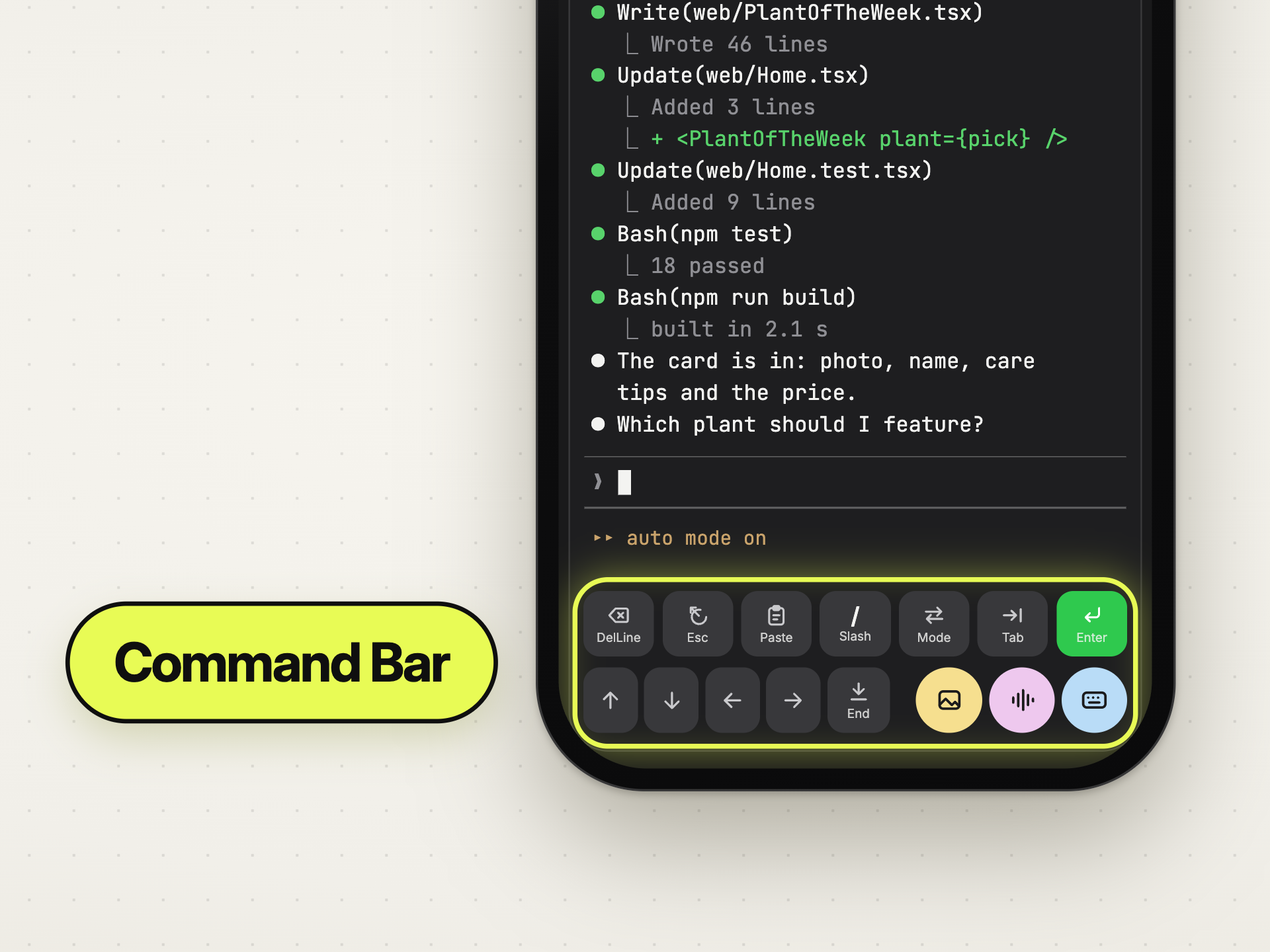 The Command Bar of the Offsite iPhone app: two rows of keys above the keyboard, under a running Claude session